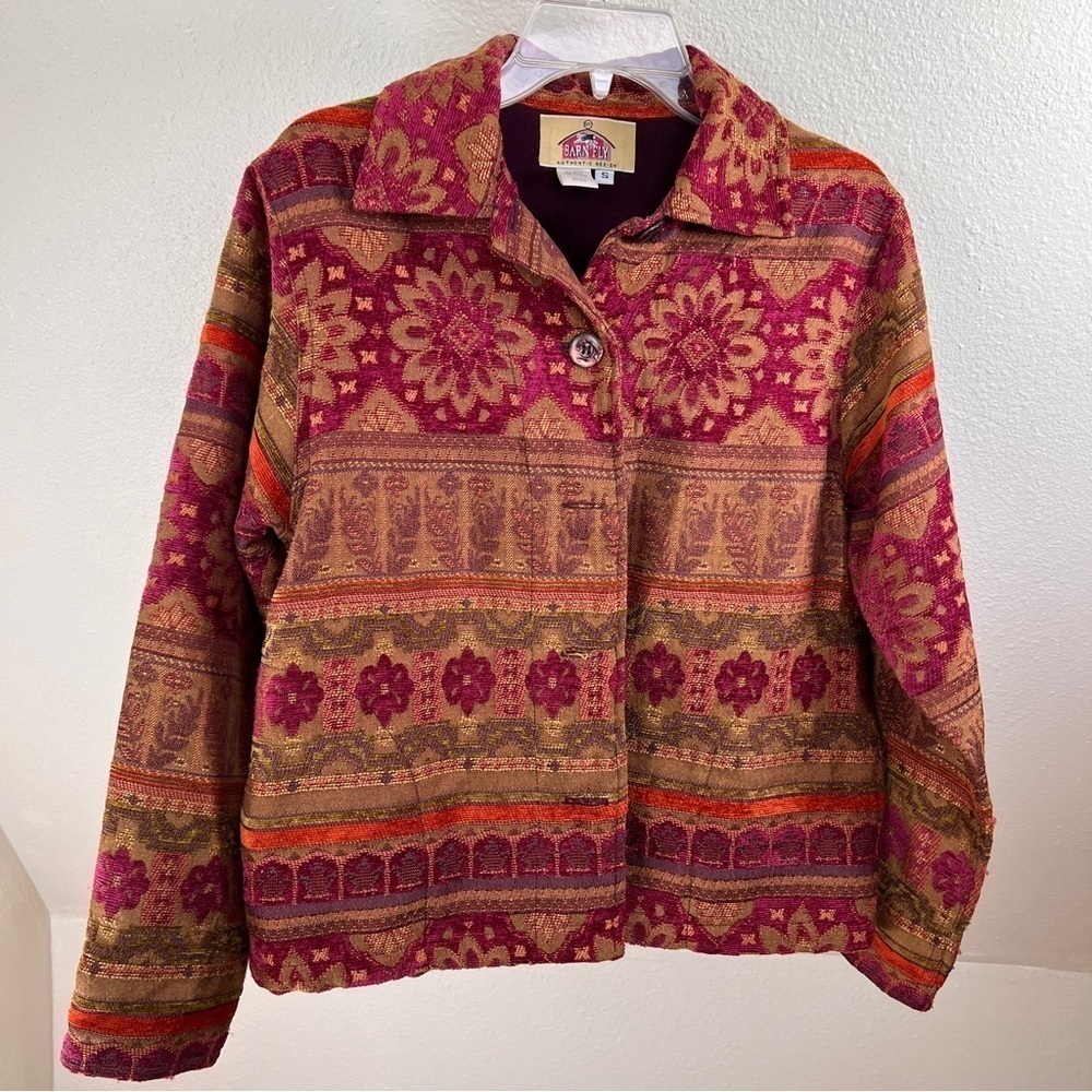 BARN FLY Button Front Brocade Jacket with two pockets. Brown,wine,rust. SMALL